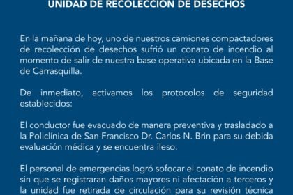 La Autoridad de Aseo Urbano y Domiciliario informa a la ciudadanía sobre incidente en unidad de recolección de desechos.