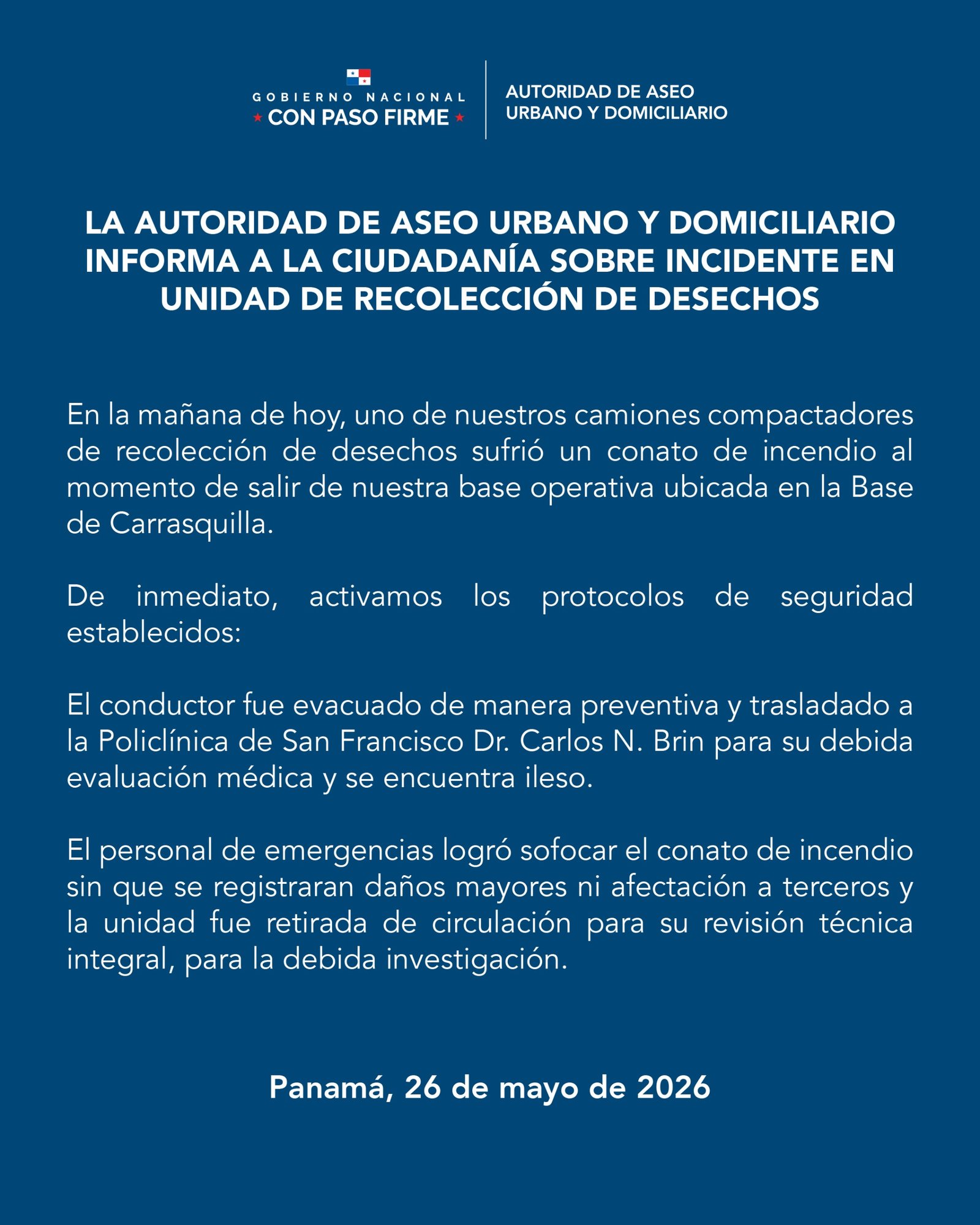 La Autoridad de Aseo Urbano y Domiciliario informa a la ciudadanía sobre incidente en unidad de recolección de desechos. La Autoridad de Aseo Urbano y Domiciliario informa a la ciudadanía sobre incidente en unidad de recolección de desechos.